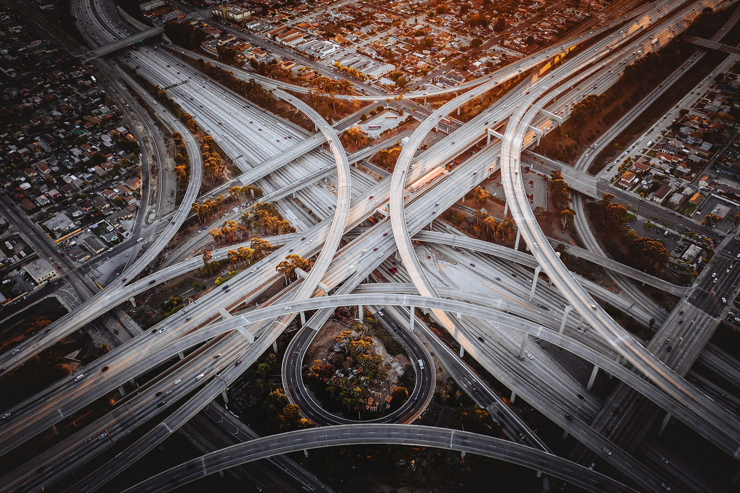 Aerial view of a city freeway interchange