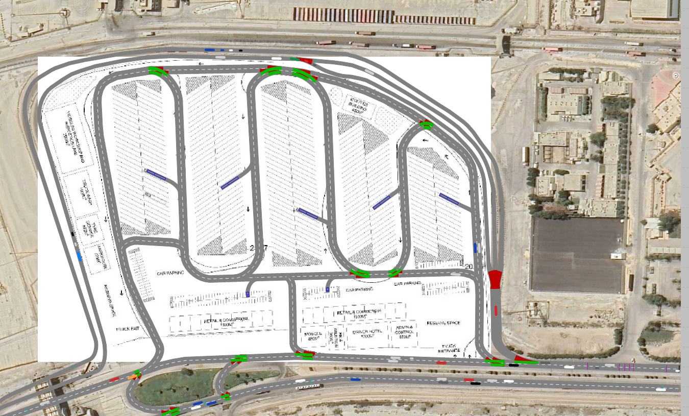 Truck parking facility swept-path model in PTV Vissim, Dammam